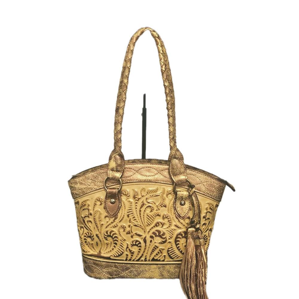 Patricia Nash Burnished Tooled Zorita Satchel Bag Metallic gold finish 14x10x4 - Picture 2 of 15